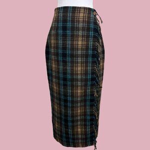 Brown and blue plaid maxi wrap skirt with fringe detail #plaid